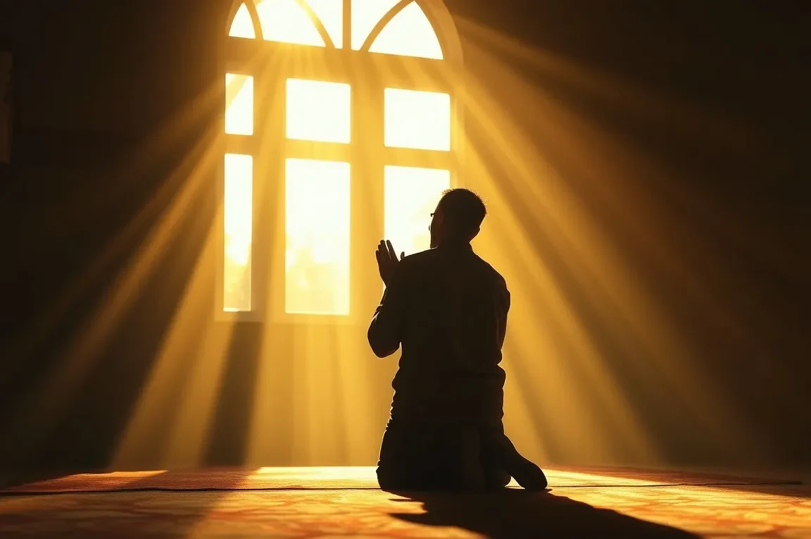 Homem em oração em frente a uma janela com raios solares