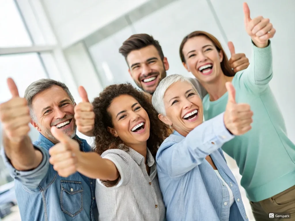 pessoas felizes sorrindo olhando para a camera com o braço direito esticado com o polegar levantado.