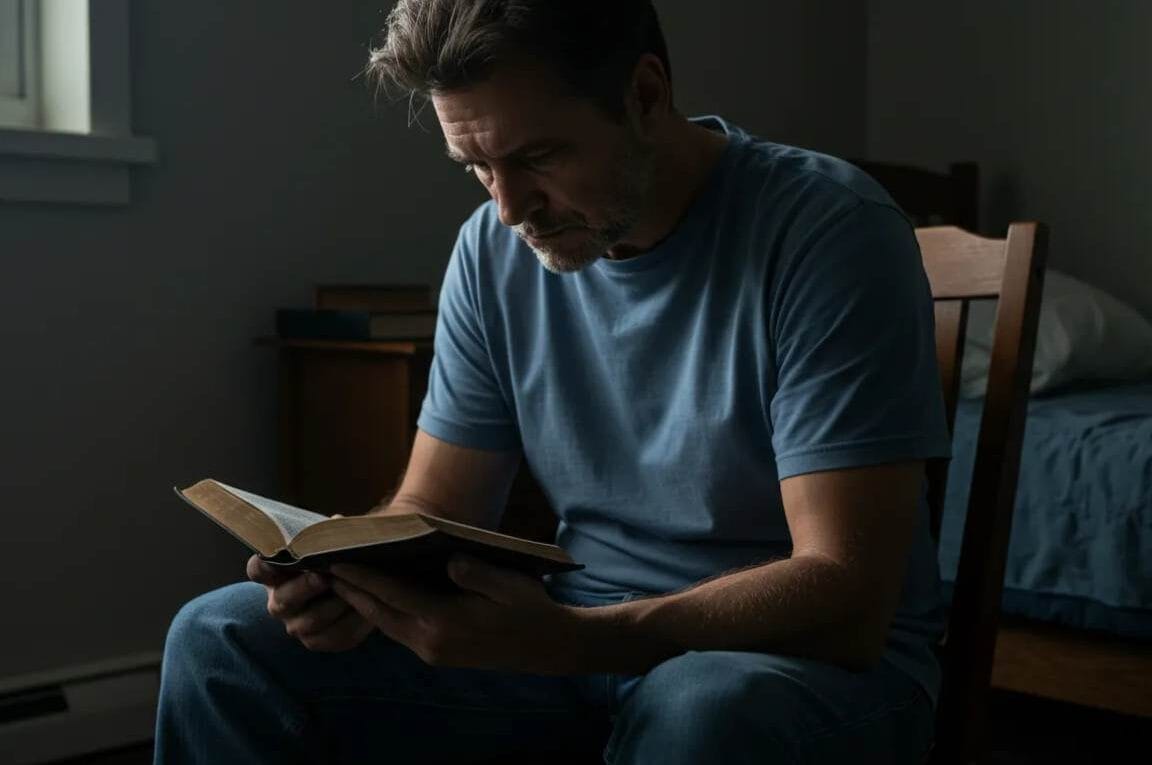 homem com tedio lendo a biblia