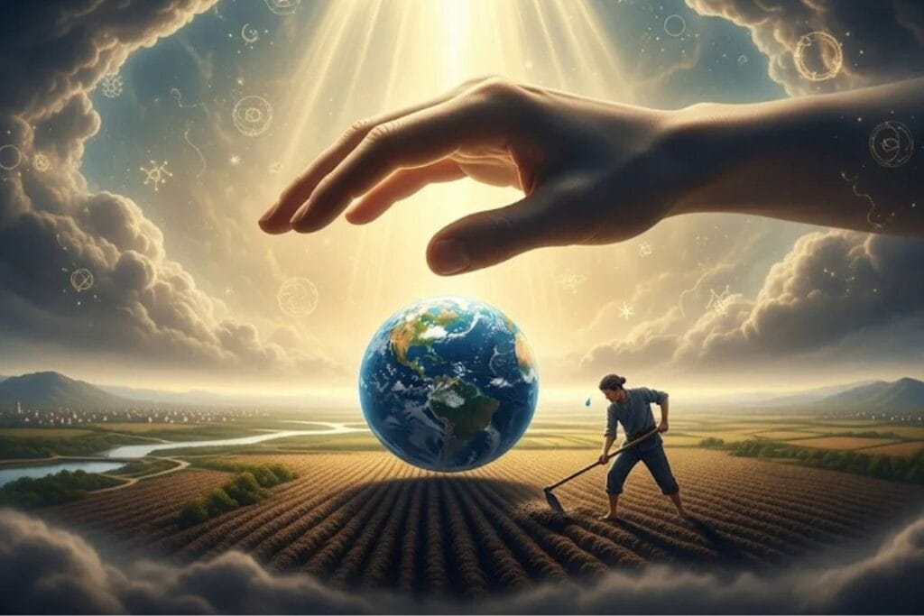  Uma mão colossal e etérea desce de nuvens em redemoinho, segurando delicadamente uma miniatura detalhada da Terra. Na Terra, uma figura solitária, um ser humano, está ativamente a lavrar um campo com uma enxada. A mão não toca na Terra, mas paira protetoramente sobre ela, lançando uma luz suave e quente.