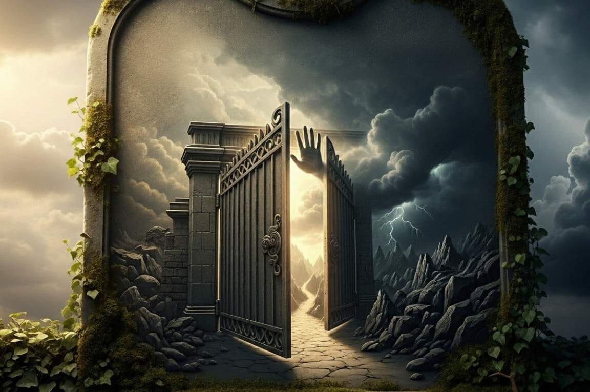 Um grande portão semiaberto com uma mão mandando parar