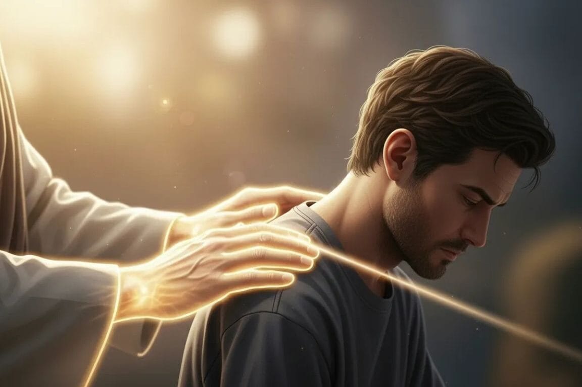Deus colocando as mãos nas costas de um homem