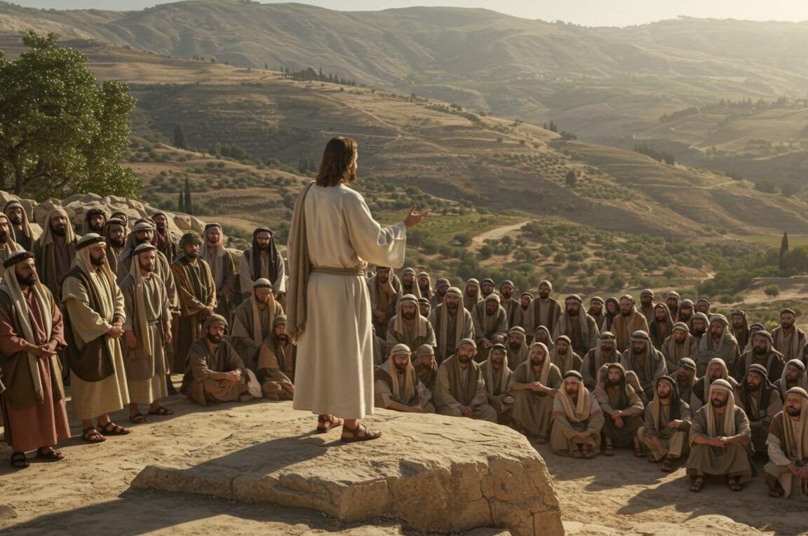 Jesus em um monte falando com milhares de pessoas