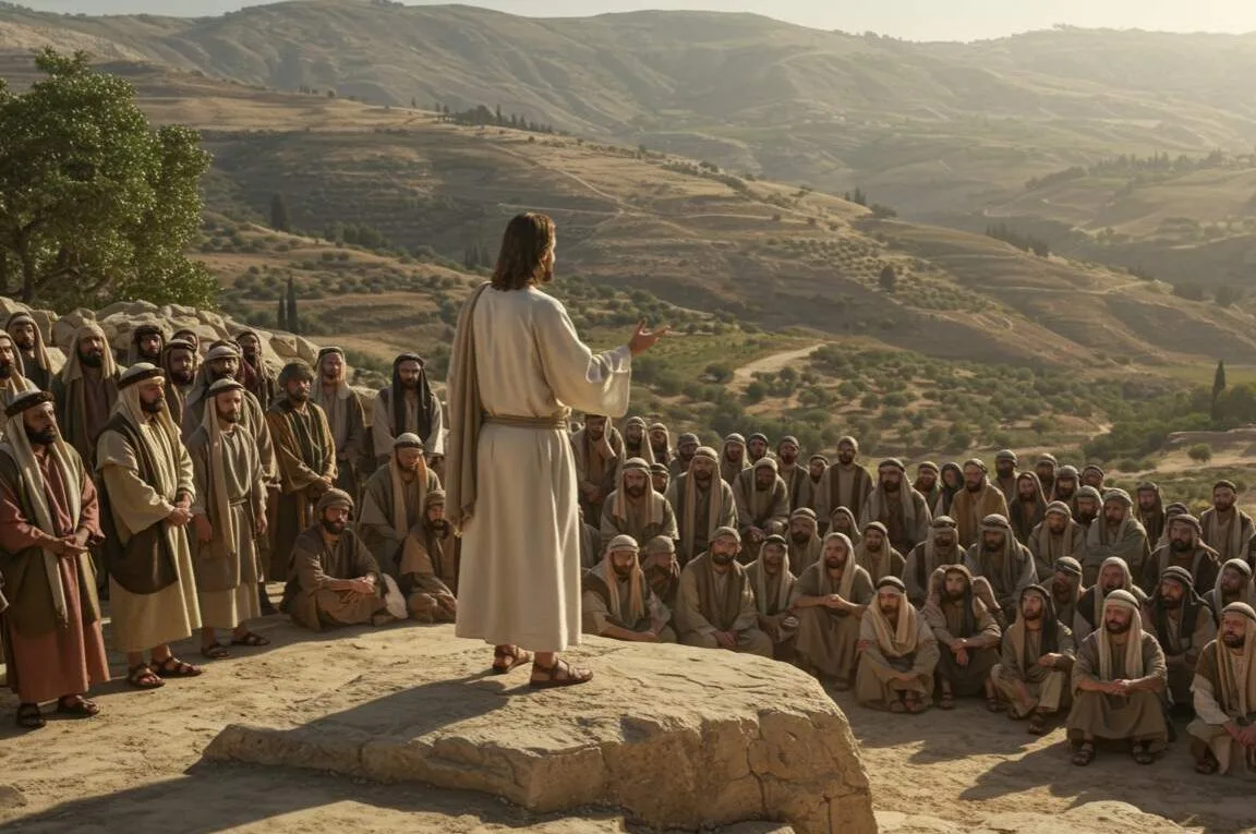 Jesus em um monte falando com milhares de pessoas