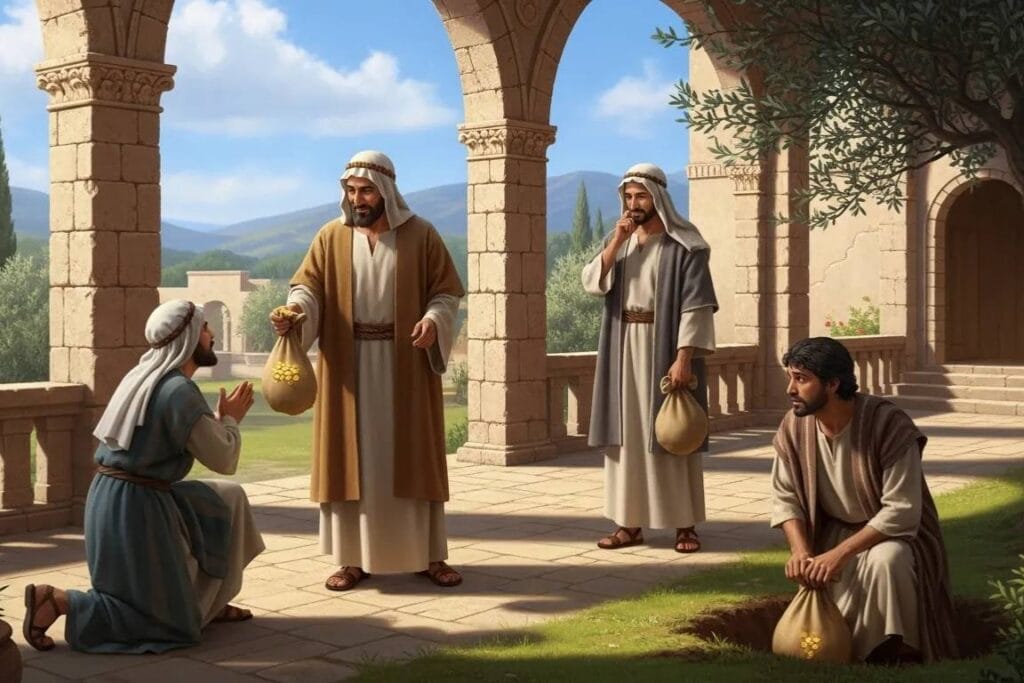 Parábolas de Jesus - homem recebendo um saco de dinheiro de outro homem