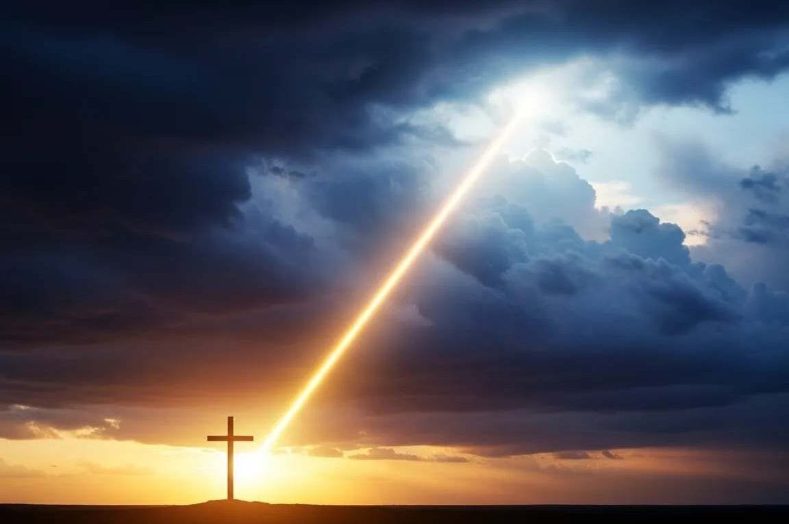 Um raio de luz vindo o seu e atingindo uma cruz - soberania de Deus