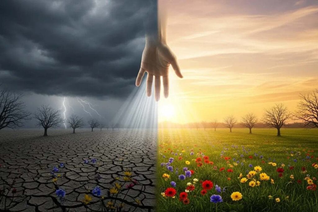 Imagem dividida um lado deserto e terra rachada e outro lado com o verde e flores