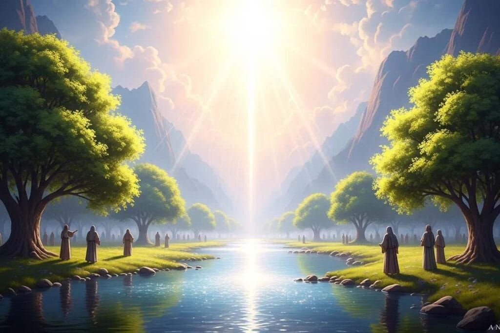 Imagem de um lugar lindo com árvores e um rio e uma luz forte vindo do céu
