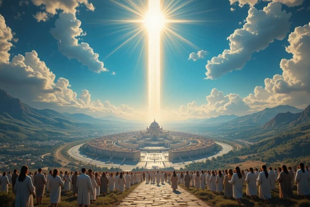 Milhares de pessoas indo em direção a uma cidade iluminada por um raio de luz vindo do alto.