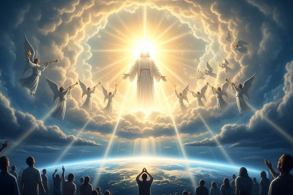 Jesus vindo nas nuvens com poder e grande glória e anjos com trombetas e muitas pessoas olhando para o céu - Parousia