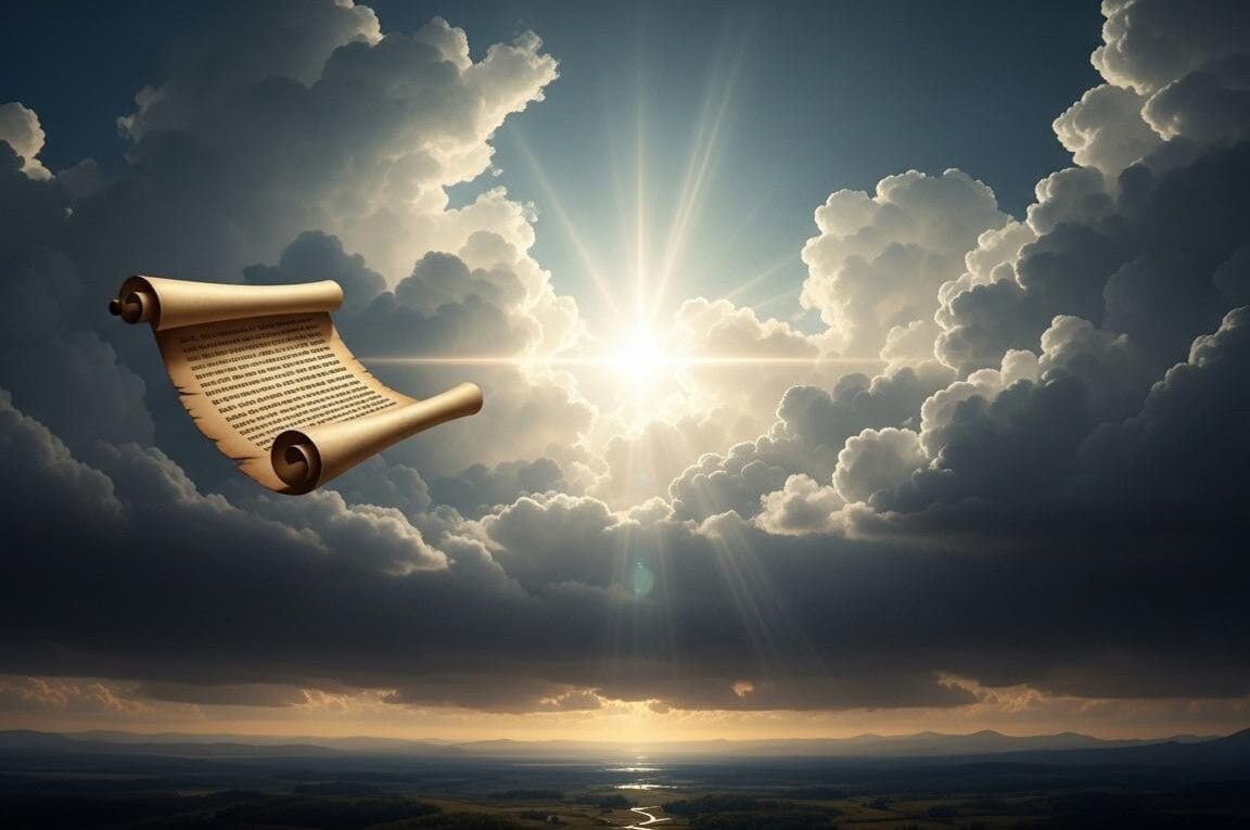 O sol brilhando entre nuvens e um pergaminho futuando - escatologia biblica