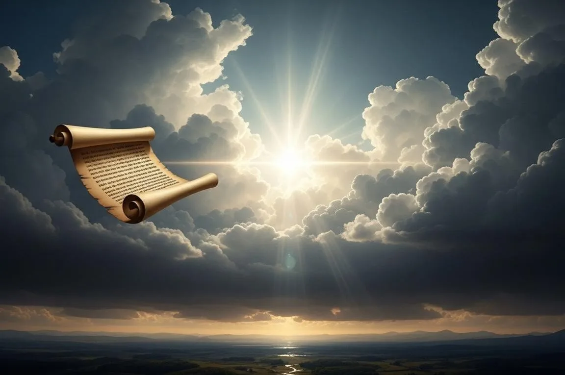 O sol brilhando entre nuvens e um pergaminho futuando - escatologia biblica