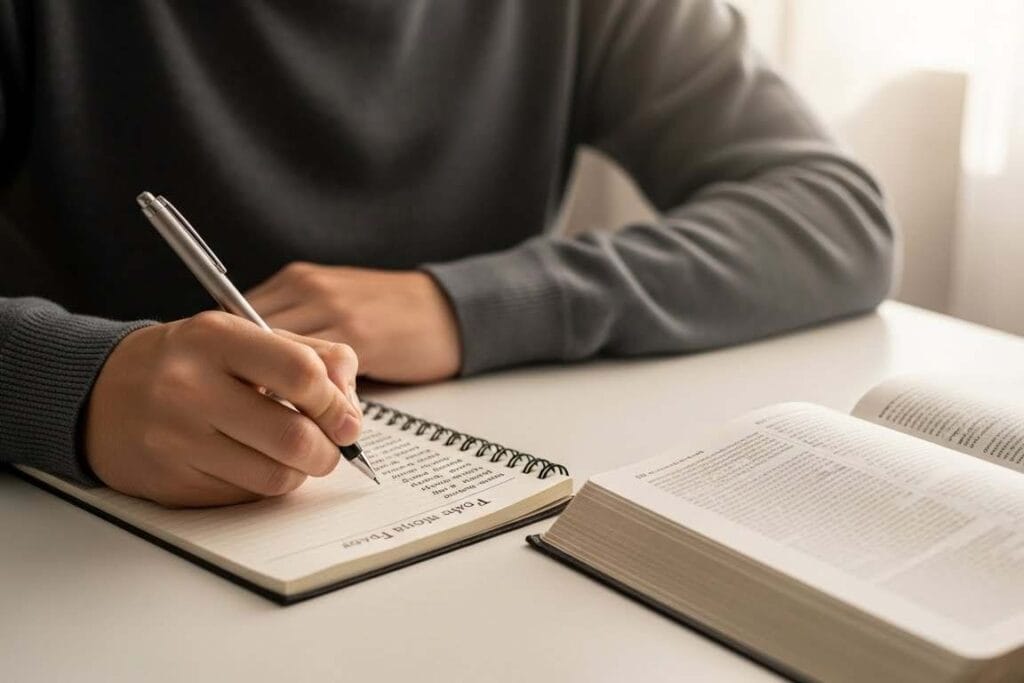 pessoa escrevendo em um caderno e com a bíblia ao lado - O Inabalável Compromisso com a Oração