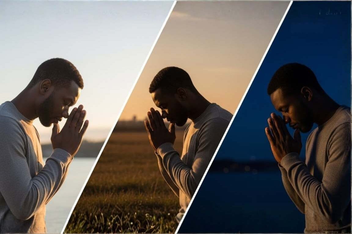 Homem orando em três momentos diferentes do dia - O Inabalável Compromisso com a Oração
