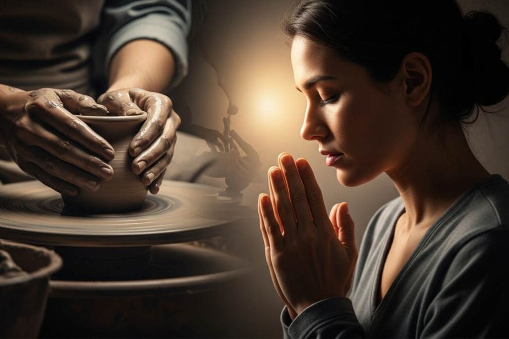 olheiro moldando um vaso e mulher orando - o poder da oração