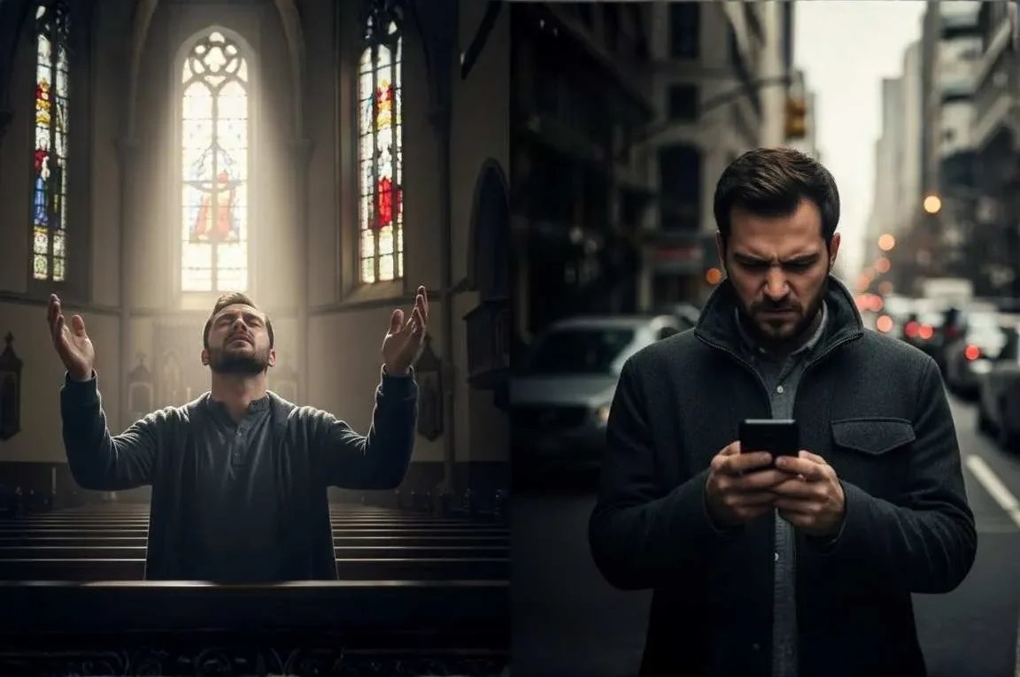 Cena dividida de um homem na igreja e no mundo - A Nossa Hipocrisia