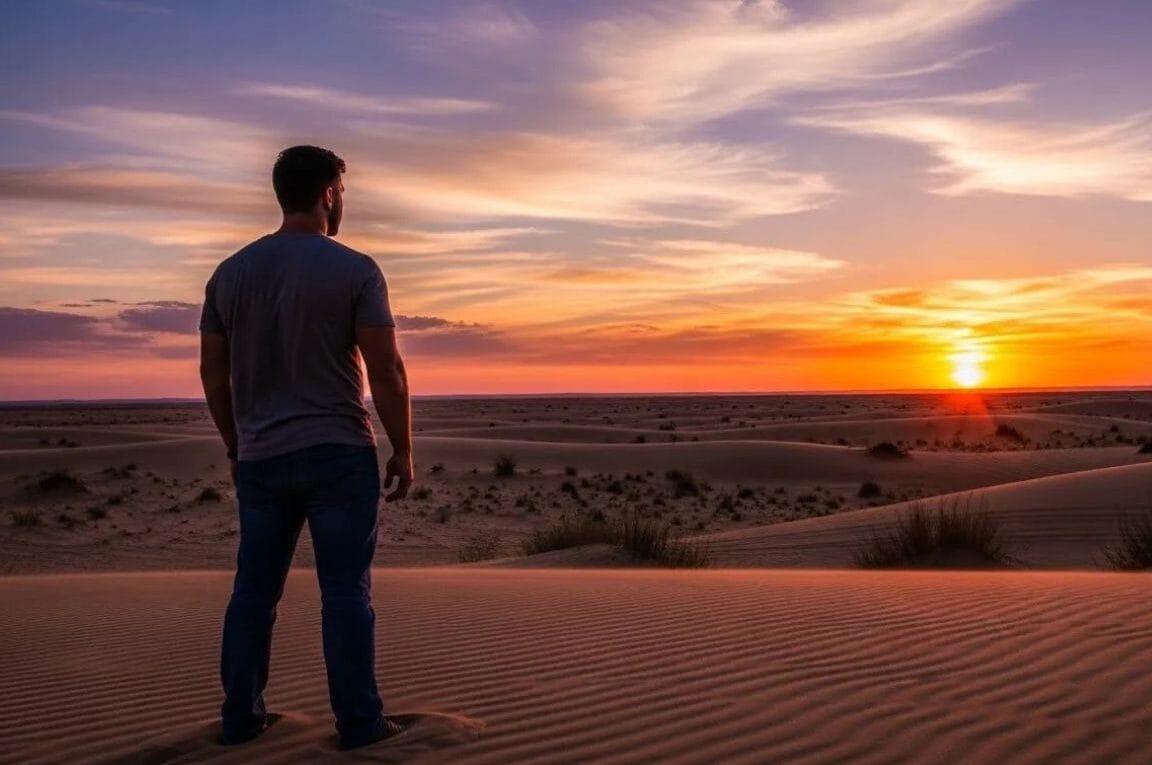Homem olhando o por do sol no deserto - Lições do Deserto: Onde Deus Revela e Transforma
