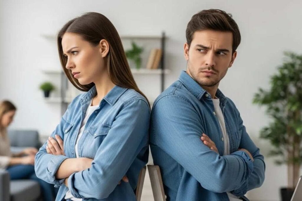 Um casal aborrecido um com o outro - os gafanhotos de hoje