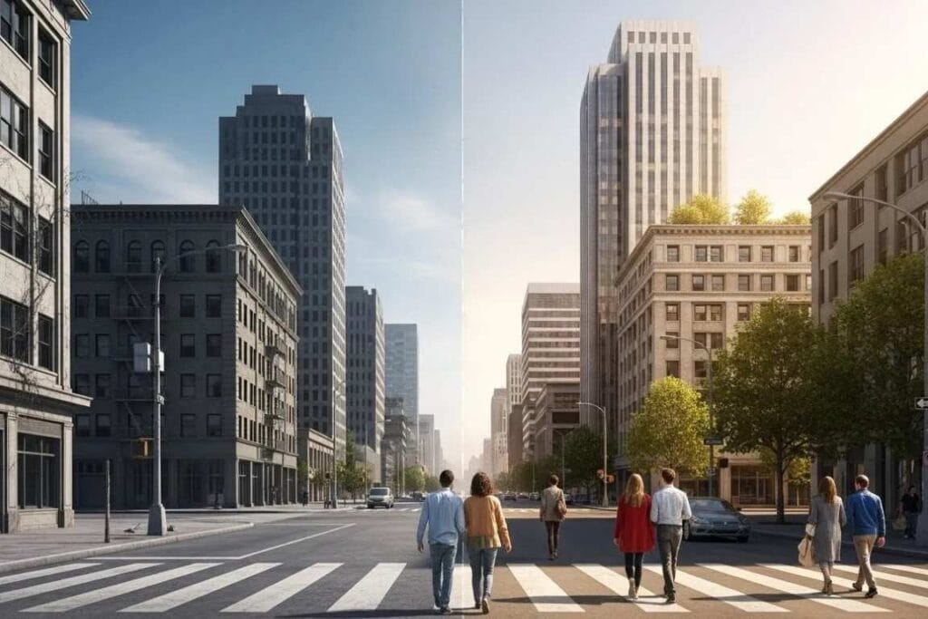 Imagem de uma aveninda com o lado direito colorido e o esquerdo cinzento - os gafanhotos de hoje