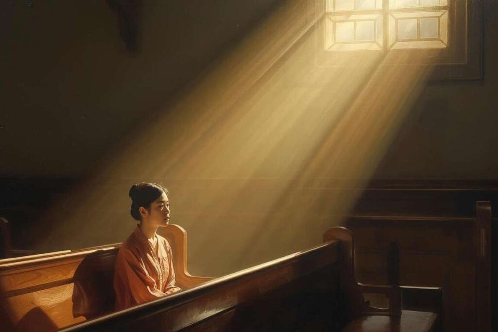 Mulher sentada sozinha em um banco na igreja -