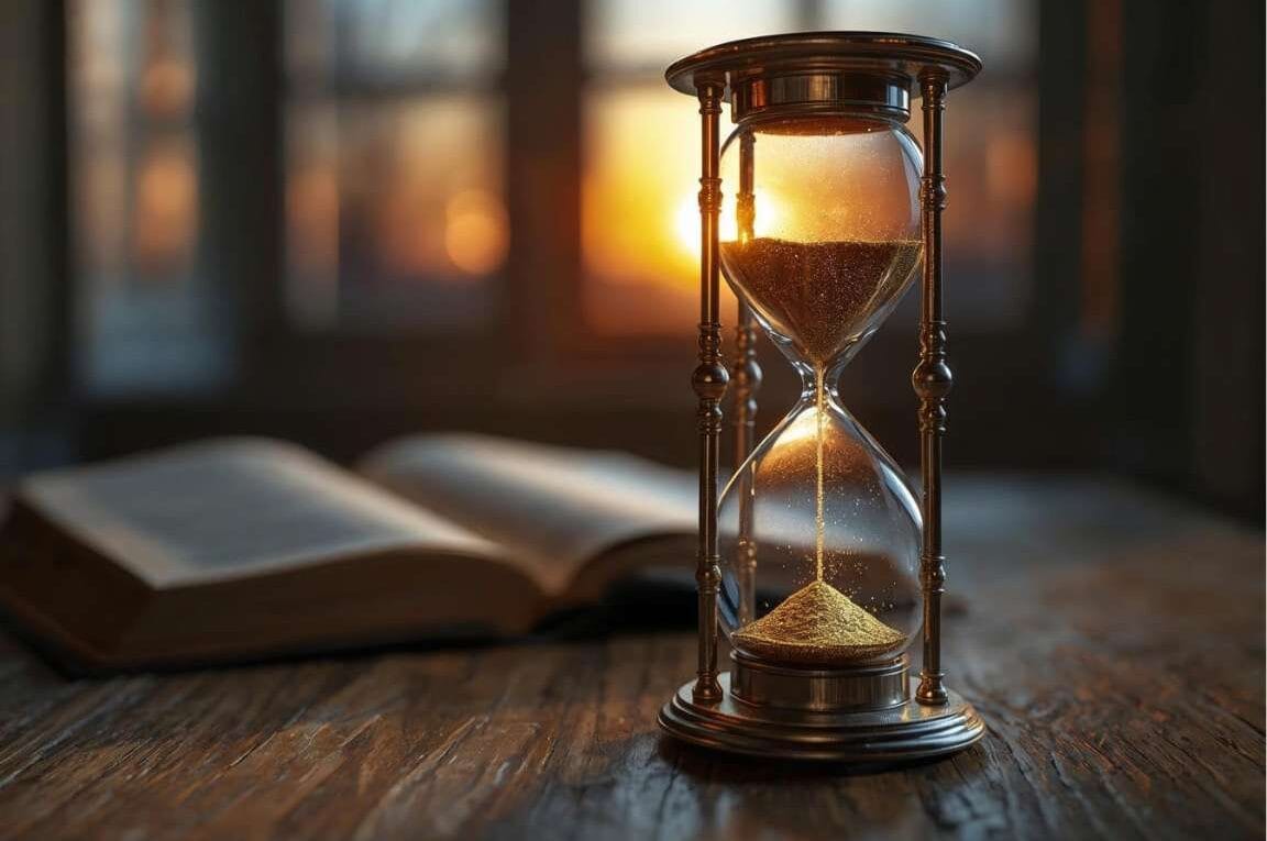 Ampulieta e uma Bíblia sobre uma mesa - preparado para o fim do ano