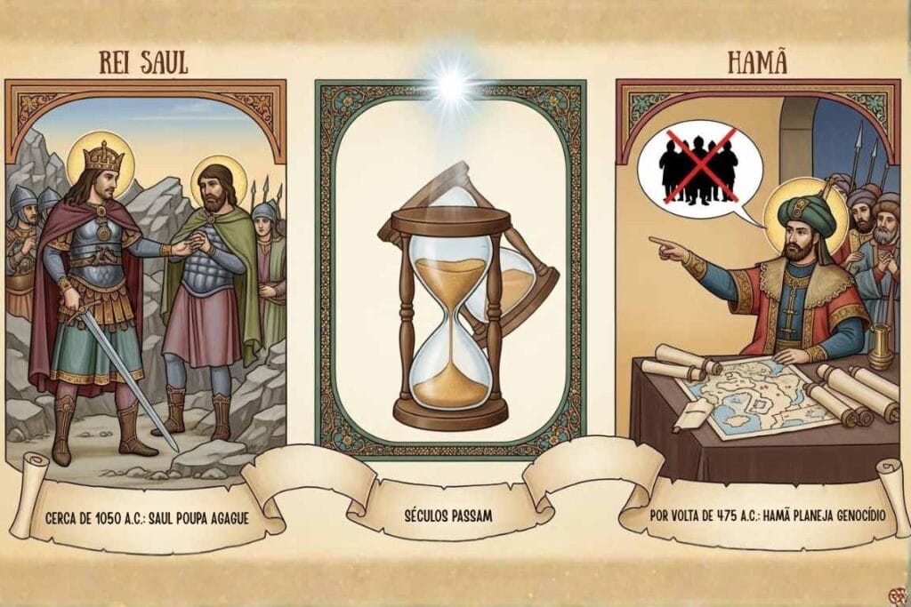 Ilustração de Raul poupando Aguague e Hamã planejando a morte dos Judeus - A Desobediência de Saul que Quase Destruiu uma Nação