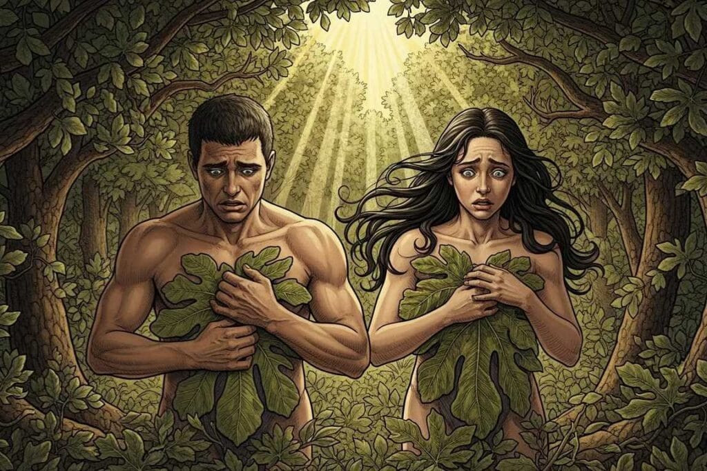 Adão e Eva se cobrindo com folhas - A Entrada do Pecado no Mundo Estudo Completo de Gênesis 3