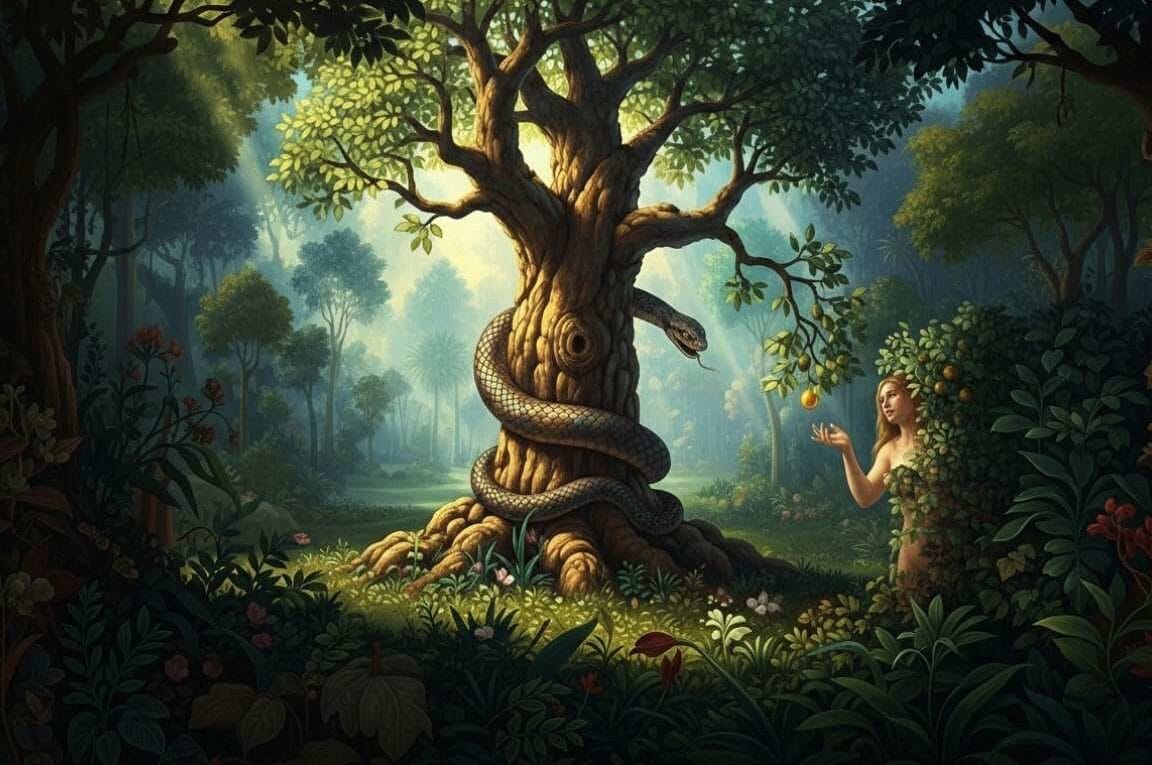 Cena de Eva pegando o fruto proibido e a serpende na árvore - A Entrada do Pecado no Mundo Estudo Completo de Gênesis 3