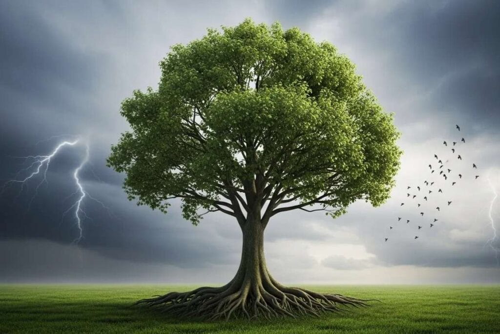 Uma árvore frondosa no campo em meio a uma tempestade - A Fidelidade de Deus e o Chamado à Perseverança
