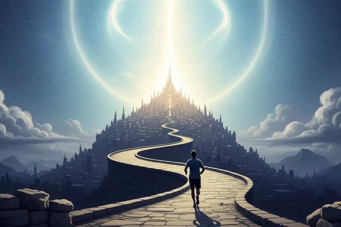 Homem subindo por caminho para uma cidade que fica sobre um monte - A Fidelidade de Deus e o Chamado à Perseverança em 1 Reis 8