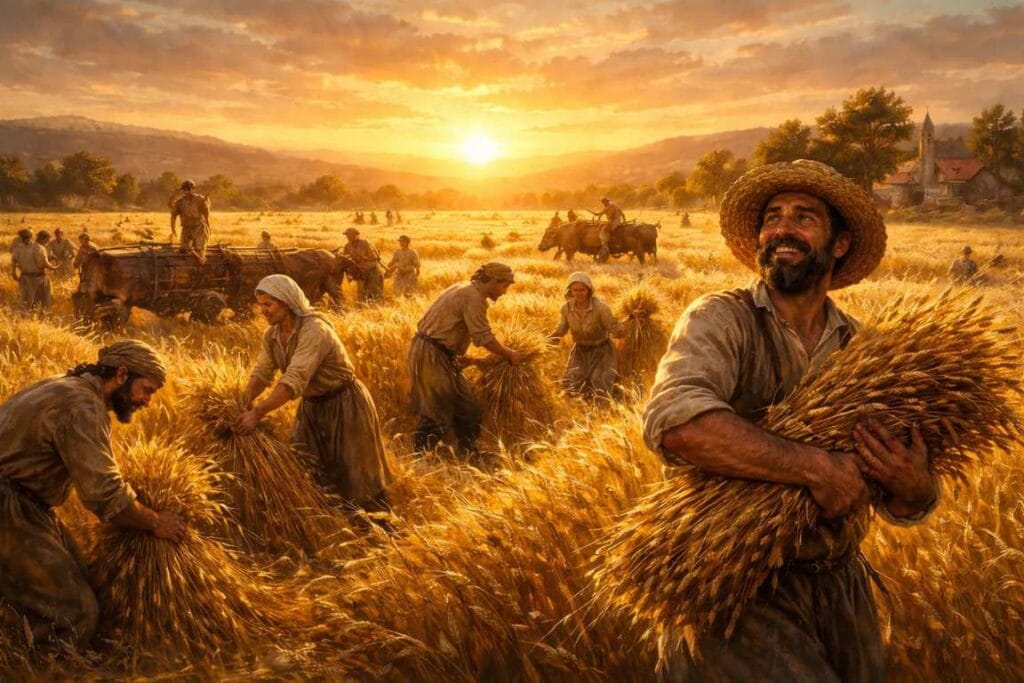 Pessoas colhendo trigo em abundância - A Lei da Multiplicação no Reino mateus 25:29