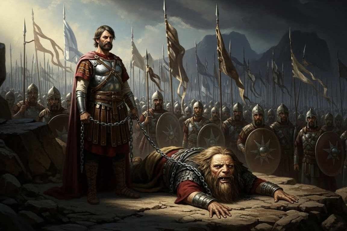 Saul segurando Agague por uma corrente e ao fundo o exército de Israel - A desobediência de Saul que Quase Destruiu uma Nação