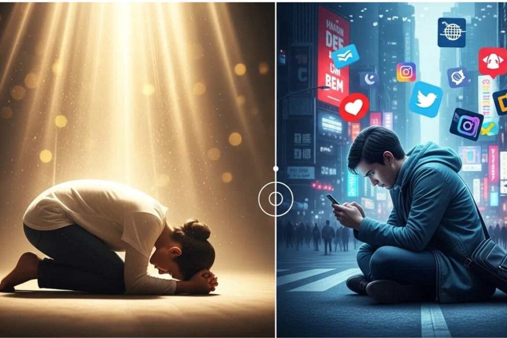 Imagem dividida de uma pessoa orando e outra nas redes sociais - A Parábola das Dez Virgens Vivendo em Constante Vigilância Espiritual