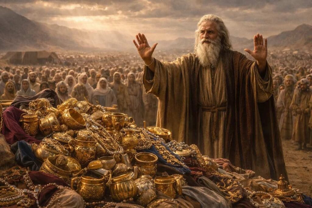 Um monte de objetos de ouro e prata e Moises acenando para  parar de trazer - A Suficiência para a Obra de Deus 