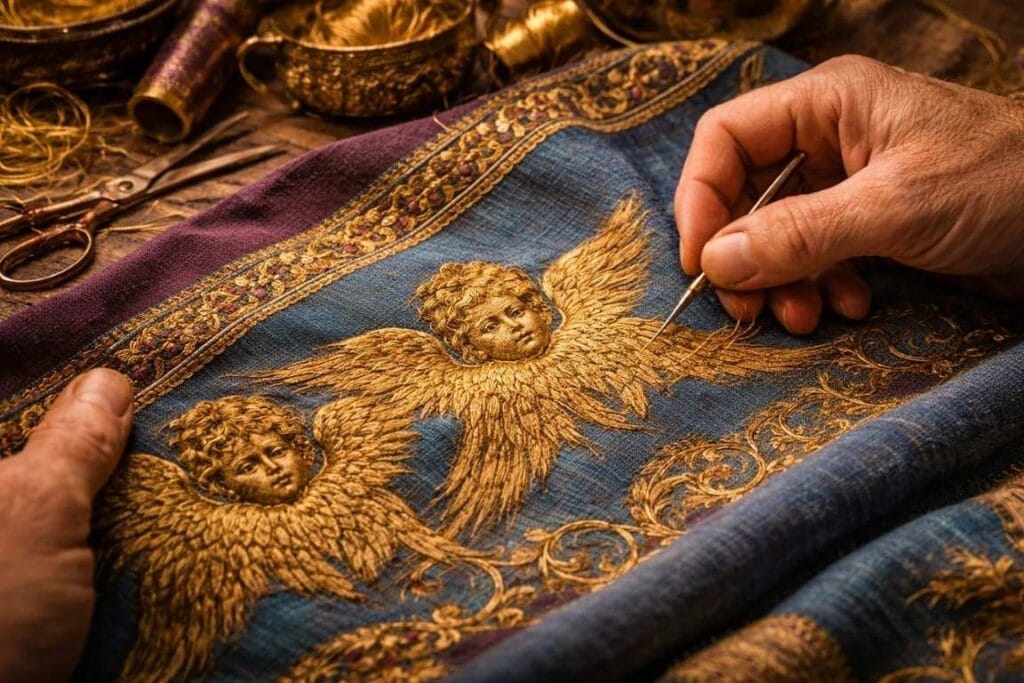 Querubins sendo bordados no tecido - A Suficiência para a Obra de Deus 