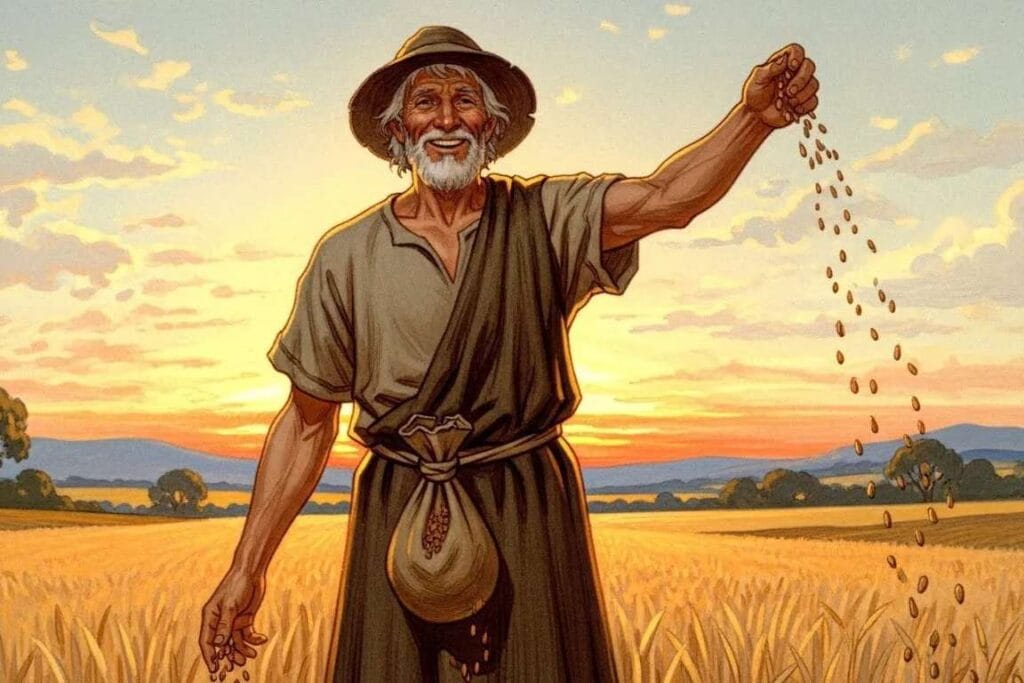 Homem semeando no campo com alegria - A Teologia do Coração Alegre Entendendo a Generosidade Cristã (