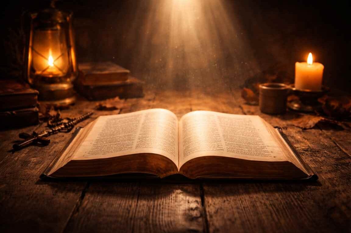 Uma Bíblia aberta sobre uma mesa com uma luz vindo de cima - Abusos Espirituais e o Falso Evangelho da Graça Barata