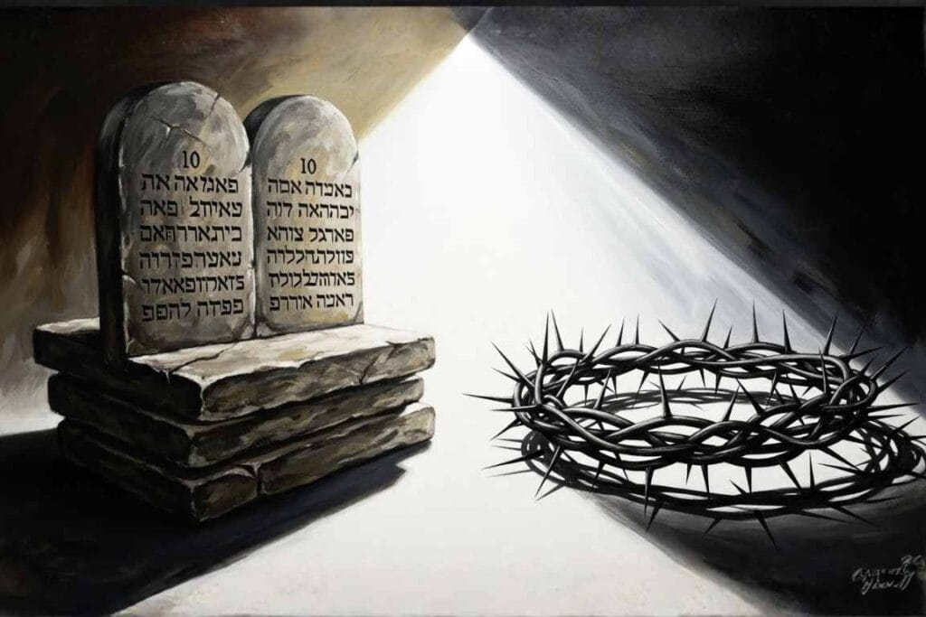 Tábuas de pedra com a Lei e uma cora de espinhos ao lado - Jesus Cumpriu a Lei ou a Contradisse? Um Estudo Profundo de Mateus 5:17 e João 8