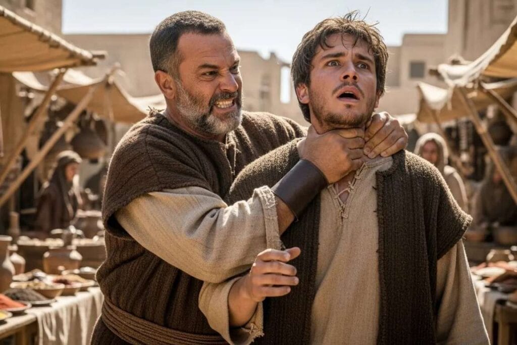 Um homem agarrando com raiva outro pelo pescoço - O Caminho Bíblico para Resolver Conflitos Do Perdão à Reconciliação