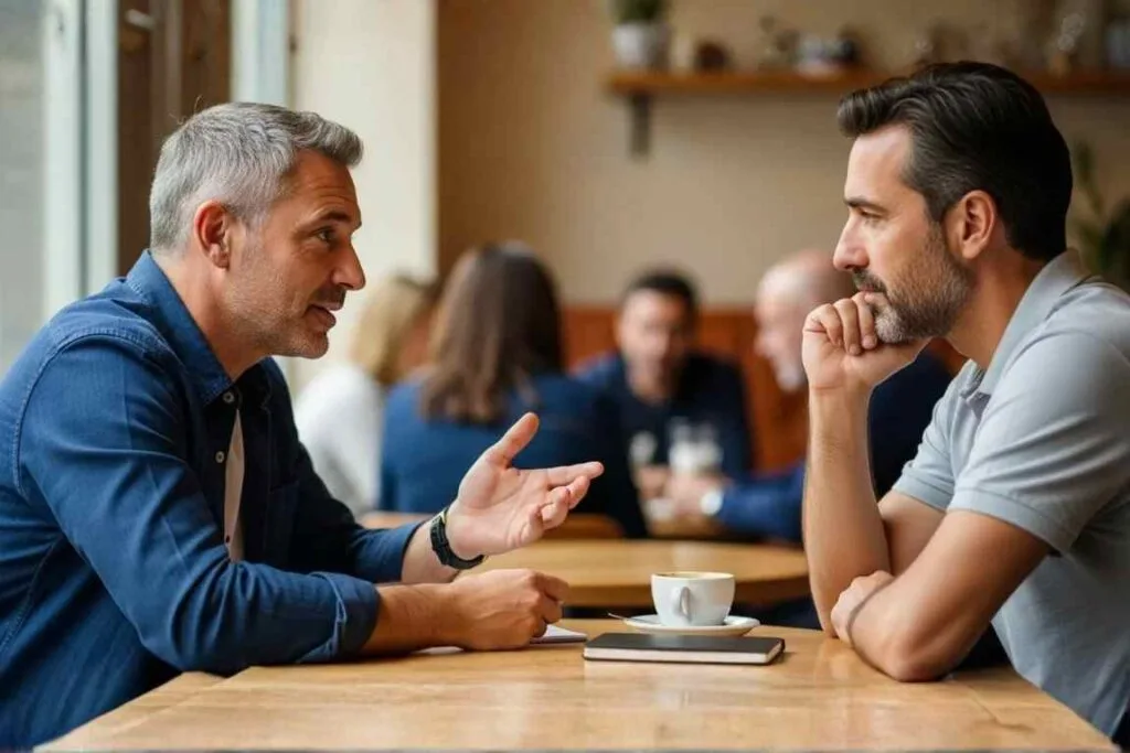Dois homens coversando em uma mesa de um restaurante - O Caminho Bíblico para Resolver Conflitos Do Perdão à Reconciliação