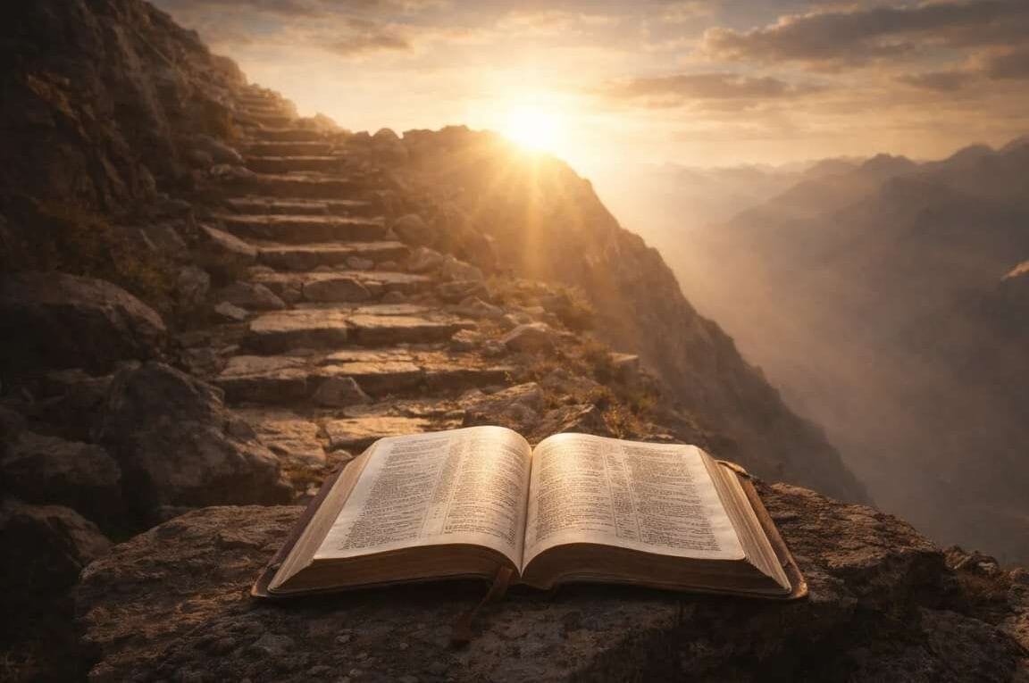 Uma Bíblia posta em um caminho de pedras com o sol ao fundo - O Caminho da Santificação e Constância