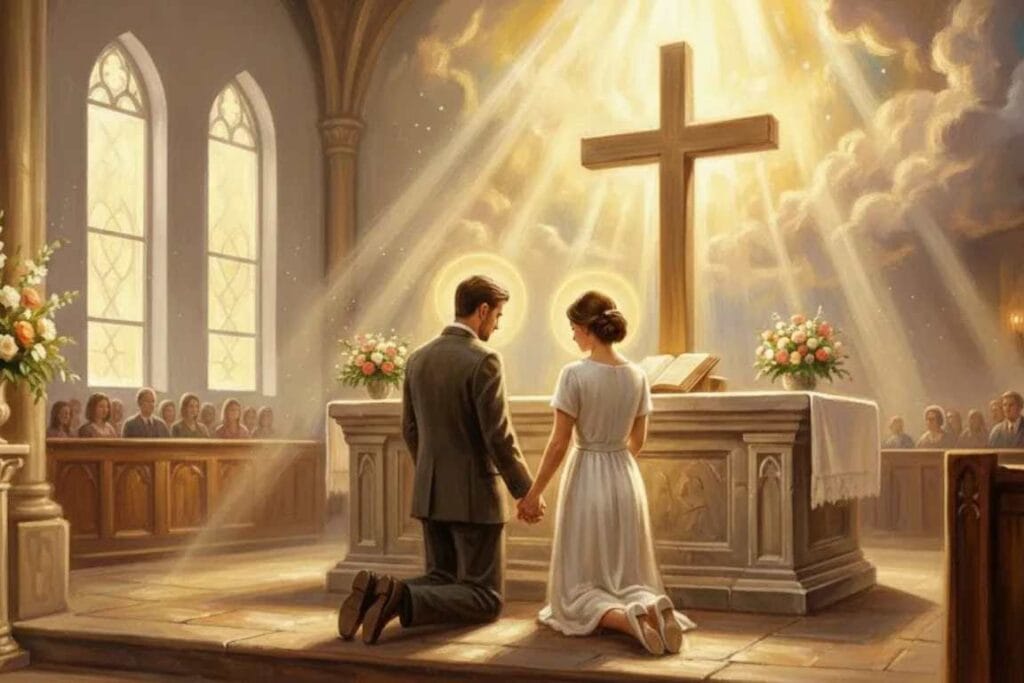 Um casal ajoelhado em frente ao altar da igreja - O Casamento aos Olhos de Deus Entendendo Lucas 16-18