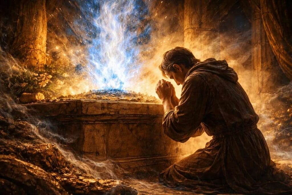 Homem ajoelhado orando em frente a um altar de fogo - O Perigo da Mornidão Espiritual O Chamado de Cristo ao Fervor em Laodiceia