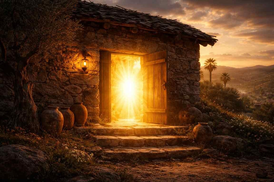 Uma casa humilde com a porta aberta com uma luz muito forte dentro - O Perigo do Vazio Espiritual: Um Estudo Profundo de Mateus 12:44