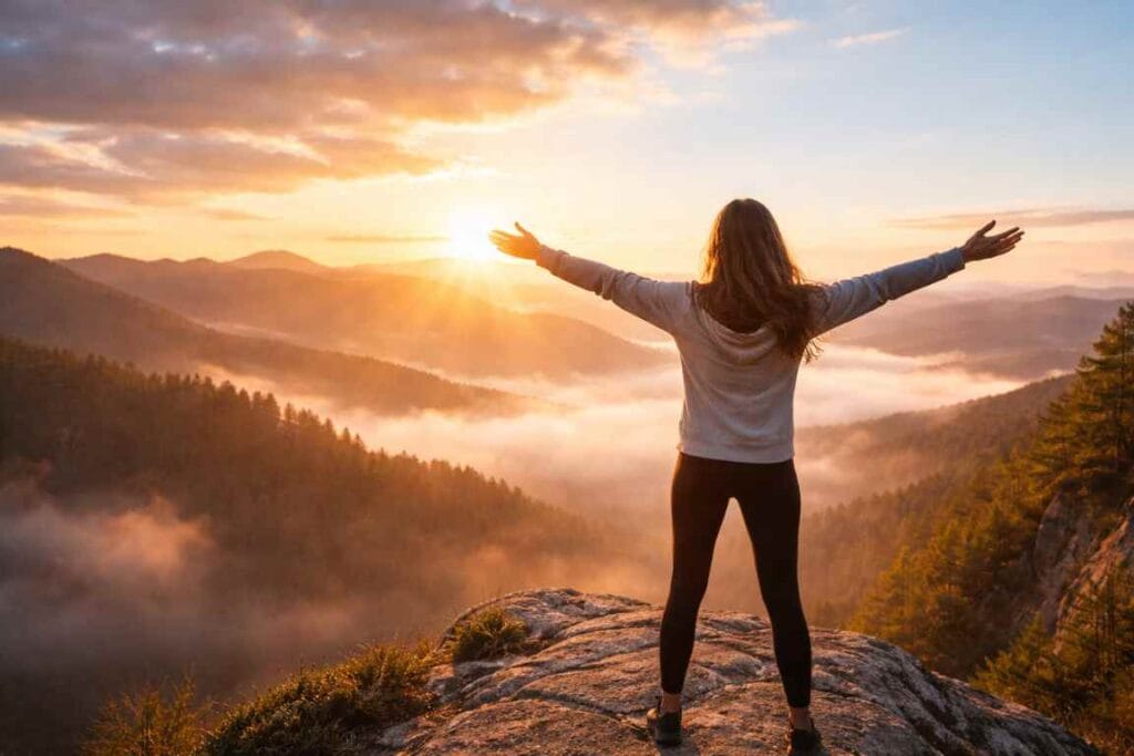 Mulher sobre um monte com os braços - O Poder de Deus Contra o Medo e Ansiedade: Uma Exposição de Isaías 41-10