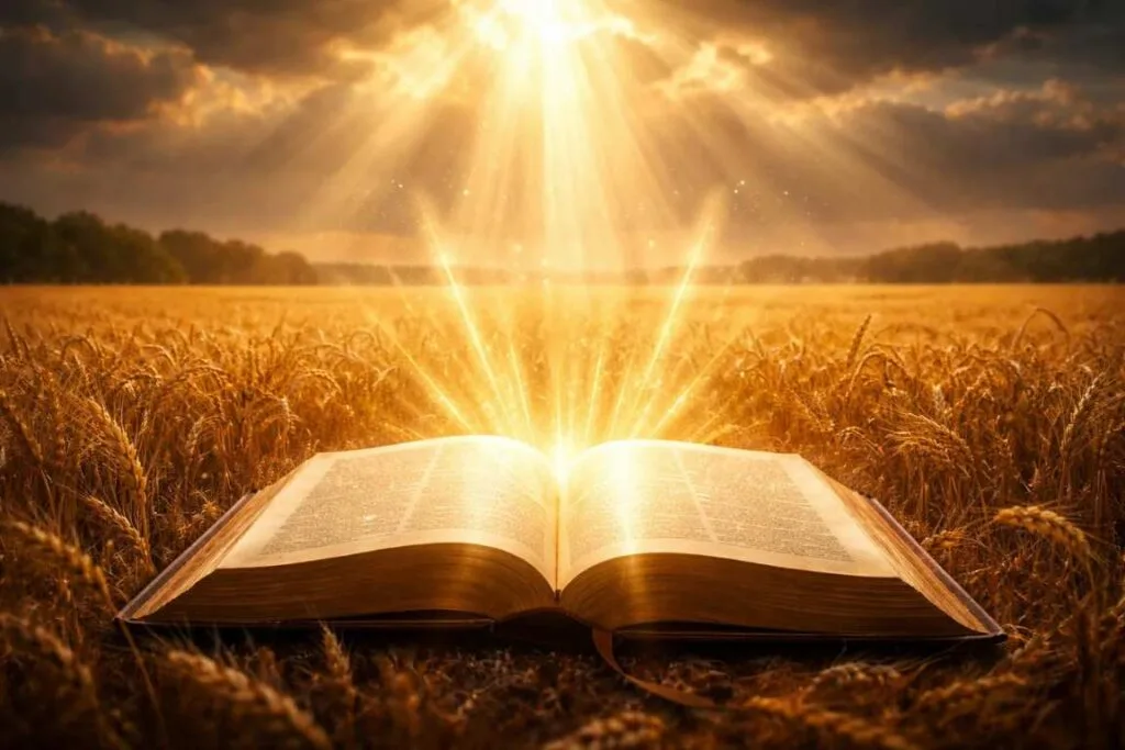 A Bíblia aberta sobre um campo de trigo atingida pelos raios do sol - O Segredo da Multiplicação da Graça em Mateus 13:12