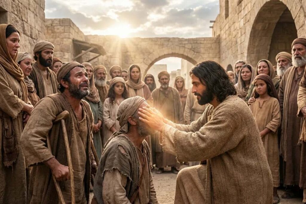 Jesue curando um cego e meio a uma multidão - O Senhor é Aquele que Haveria de Vir Encontrando Fé em Meio às Dúvidas