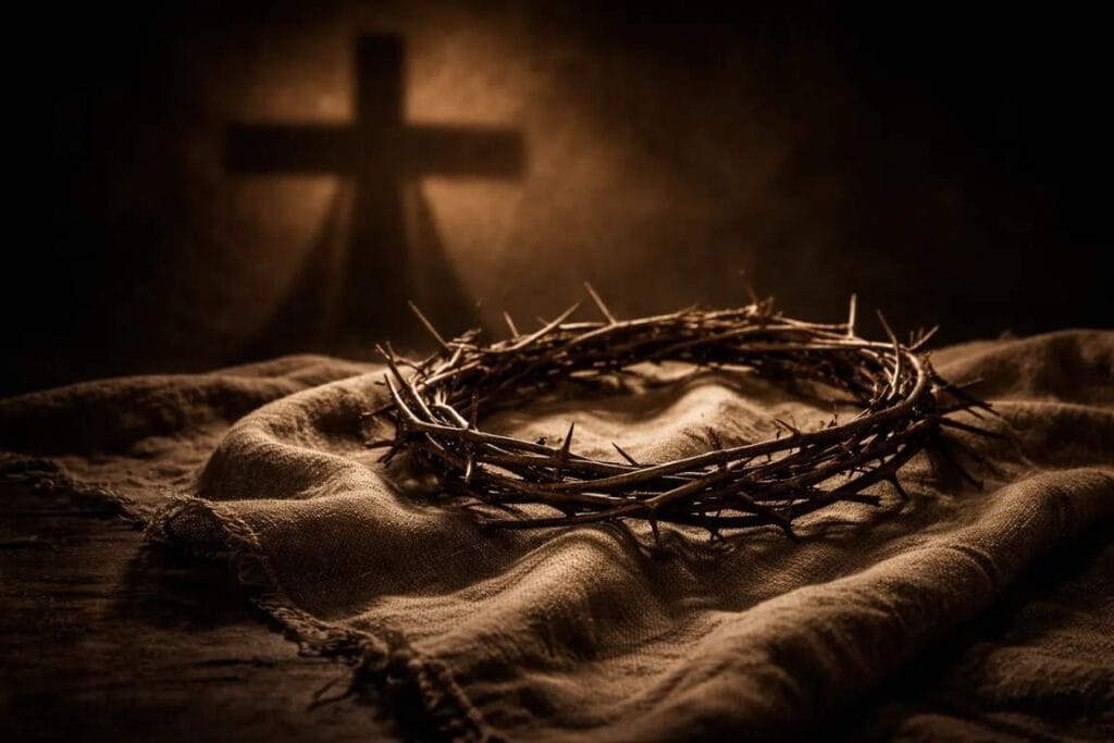 Coroa de espinhos sobre uma mesa e a cruz no fundo - Nele, encontramos o Servo Sofredor, uma figura que vai na contramão de tudo o que as pessoas esperavam sobre poder e majestade, revelando o coração de Deus através do sacrifício e da humildade.