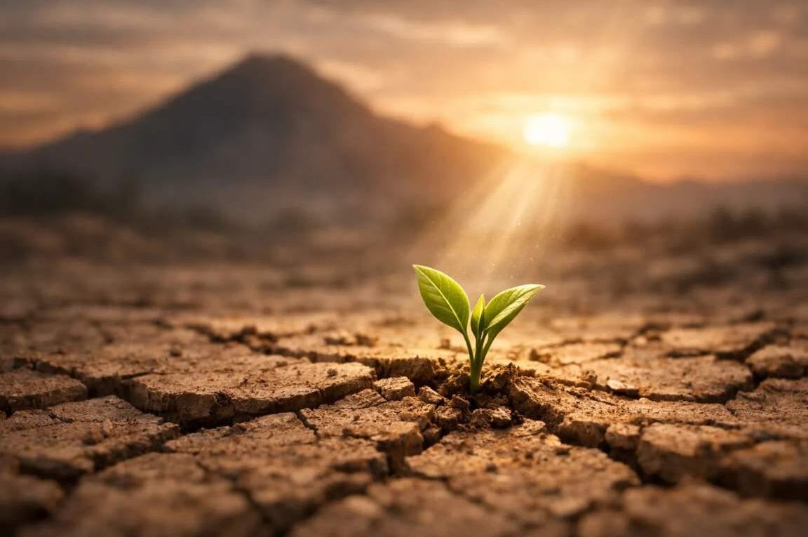 Um broto saindo saindo so solo rachado e muito seco e a luz do sol brilhando sobre ele - O Servo Sofredor: A Beleza da Humildade em Isaías 53