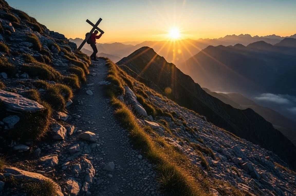 Um homem contemporâneo carregando uma cruz em um caminho estreito na montanha - O que Significa Seguir a Jesus